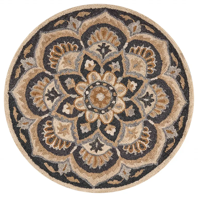 4' Round Black Flower Blossom Area Rug Photo 1