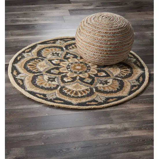 4' Round Black Flower Blossom Area Rug Photo 8