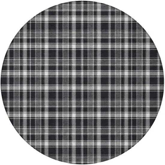 8' Round Black Gray and White Round Plaid Washable Non Skid Indoor Outdoor Area Rug Photo 5