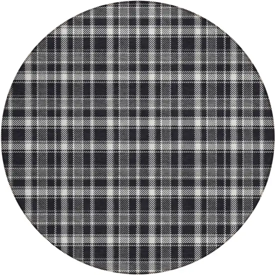 8' Round Black Gray and White Round Plaid Washable Non Skid Indoor Outdoor Area Rug Photo 2