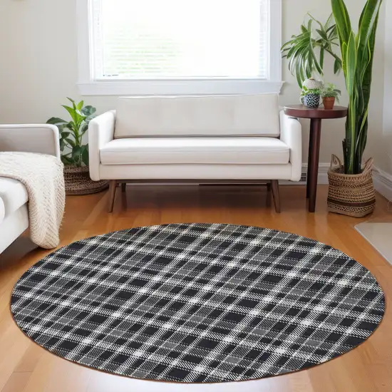 Black Gray and White Round Plaid Washable Non Skid Indoor Outdoor Area Rug Photo 9