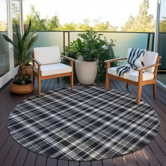 Black Gray and White Round Plaid Washable Non Skid Indoor Outdoor Area Rug Photo 8