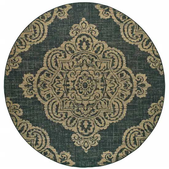 8' Round Black Round Oriental Stain Resistant Indoor Outdoor Area Rug Photo 1