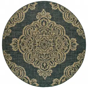 Photo of 8' Round Black Round Oriental Stain Resistant Indoor Outdoor Area Rug