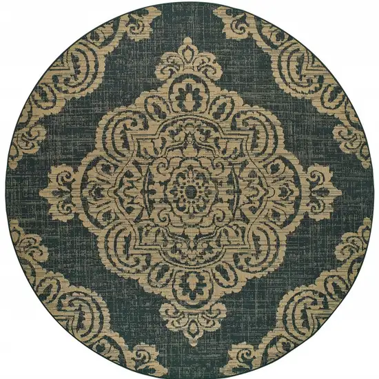 8' Round Black Round Oriental Stain Resistant Indoor Outdoor Area Rug Photo 4