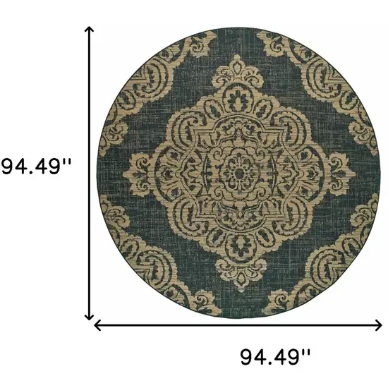 8' Round Black Round Oriental Stain Resistant Indoor Outdoor Area Rug Photo 5