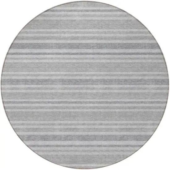 8' Round Black Silver and Gray Round Striped Washable Non Skid Indoor Outdoor Area Rug Photo 2