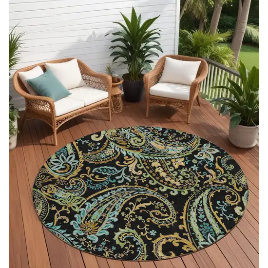 Black and Gold Round Paisley Washable Non Skid Indoor Outdoor Area Rug Photo 1