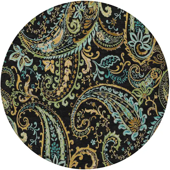 8' Round Black and Gold Round Paisley Washable Non Skid Indoor Outdoor Area Rug Photo 3