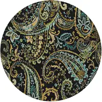 Photo of 8' Round Black and Gold Round Paisley Washable Non Skid Indoor Outdoor Area Rug