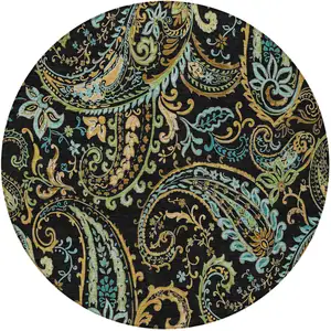 Photo of 8' Round Black and Gold Round Paisley Washable Non Skid Indoor Outdoor Area Rug