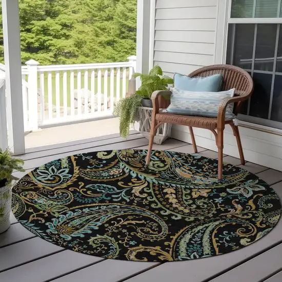 Black and Gold Round Paisley Washable Non Skid Indoor Outdoor Area Rug Photo 7