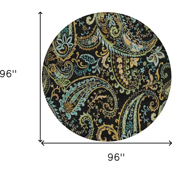 8' Round Black and Gold Round Paisley Washable Non Skid Indoor Outdoor Area Rug Photo 9