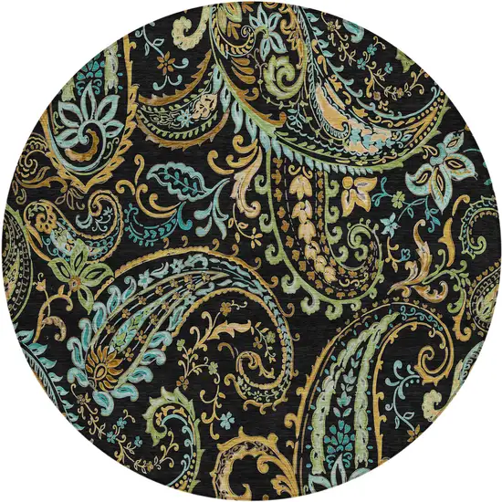 Black and Gold Round Paisley Washable Non Skid Indoor Outdoor Area Rug Photo 2