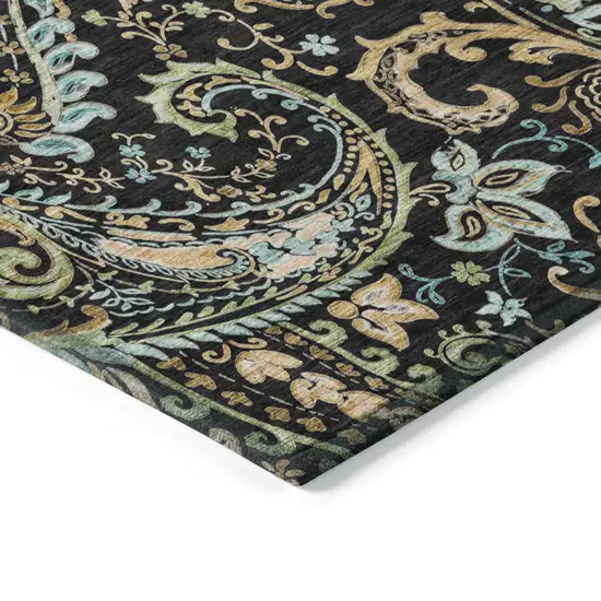 8' Round Black and Gold Round Paisley Washable Non Skid Indoor Outdoor Area Rug Photo 5