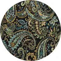 Photo of 8' Round Black and Gold Round Paisley Washable Non Skid Indoor Outdoor Area Rug