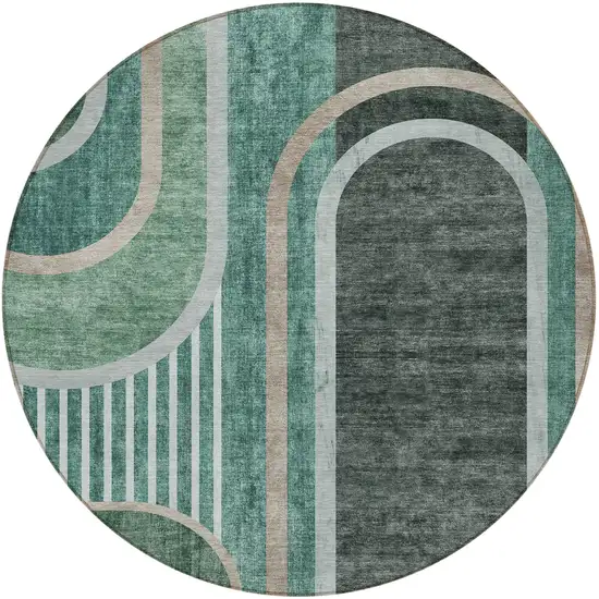 8' Round Black and Green Round Abstract Washable Non Skid Indoor Outdoor Area Rug Photo 3