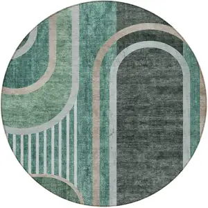 Photo of 8' Round Black and Green Round Abstract Washable Non Skid Indoor Outdoor Area Rug