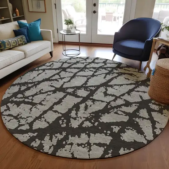 8' Round Black and White Round Abstract Washable Non Skid Indoor Outdoor Area Rug Photo 9