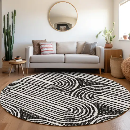 8' Round Black and White Round Abstract Washable Non Skid Indoor Outdoor Area Rug Photo 9