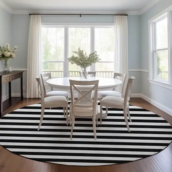 8' Round Black and White Round Striped Washable Non Skid Indoor Outdoor Area Rug Photo 9