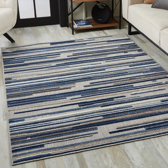 8' Round Blue Abstract Striped Indoor Outdoor Area Rug Photo 9