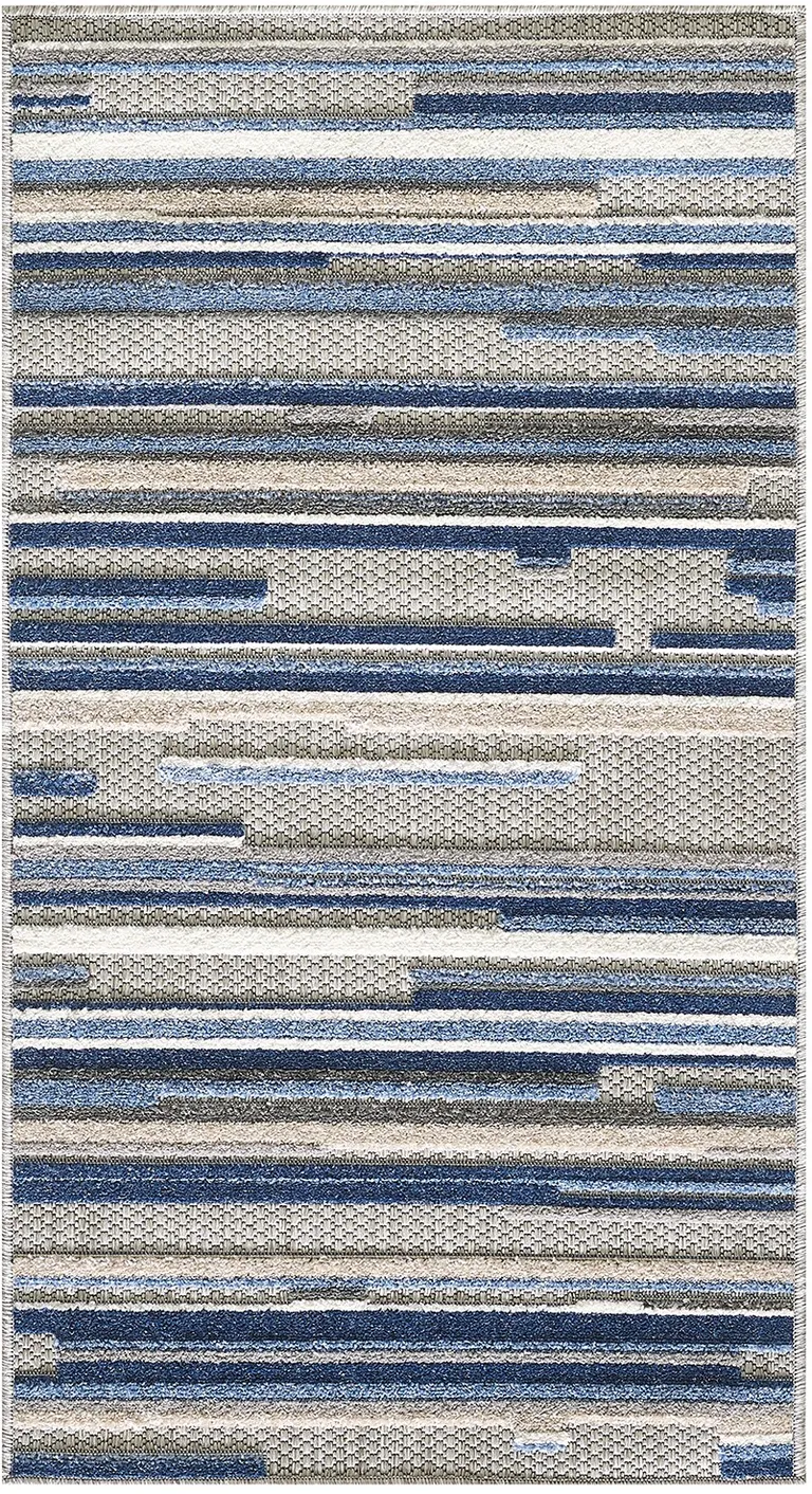 8' Round Blue Abstract Striped Indoor Outdoor Area Rug Photo 3