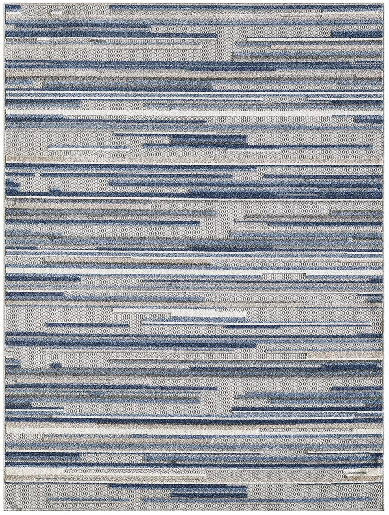 8' Round Blue Abstract Striped Indoor Outdoor Area Rug Photo 1