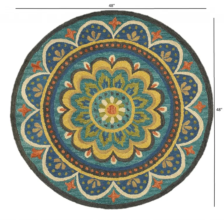 4' Round Blue Floral Mandala Area Rug Photo 4