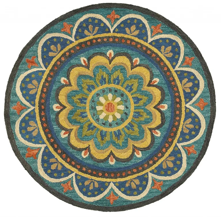 4' Round Blue Floral Mandala Area Rug Photo 1