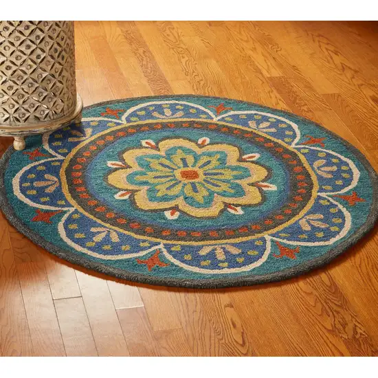 4' Round Blue Floral Mandala Area Rug Photo 8