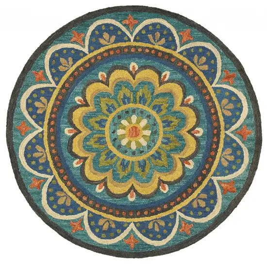 4' Round Blue Floral Mandala Area Rug Photo 11