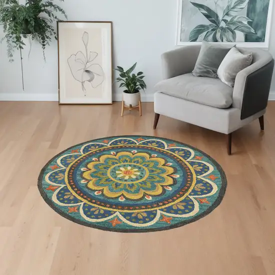 4' Blue and Orange Round Wool Floral Medallion Hand Tufted Area Rug Photo 1