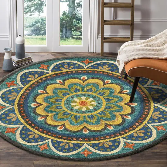 4' Round Blue Floral Mandala Area Rug Photo 9