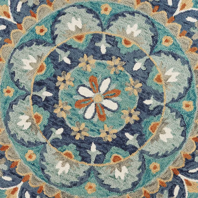 4' Round Blue Floral Mandala Area Rug Photo 2