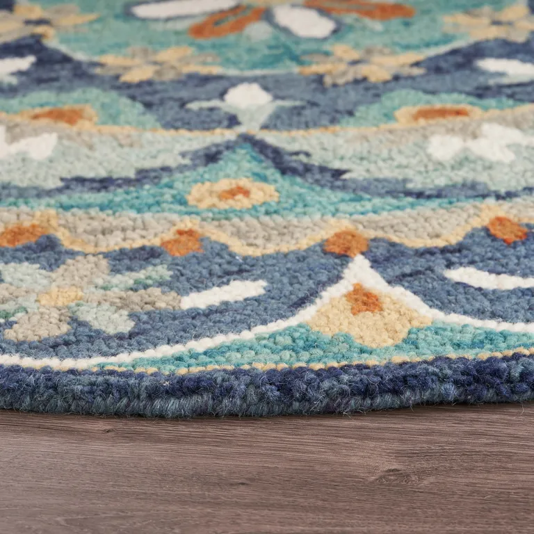 4' Round Blue Floral Mandala Area Rug Photo 3