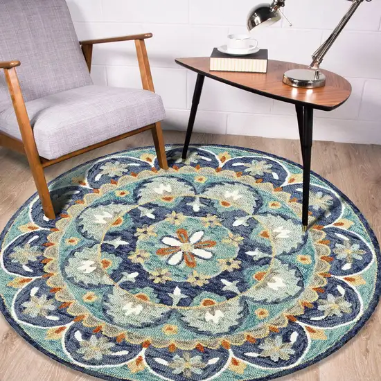 4' Round Blue Floral Mandala Area Rug Photo 9