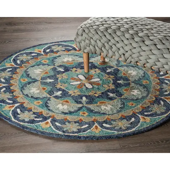 4' Round Blue Floral Mandala Area Rug Photo 8