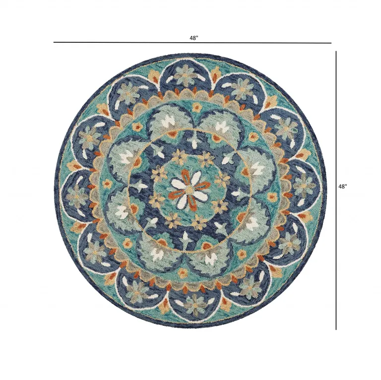 4' Round Blue Floral Mandala Area Rug Photo 5