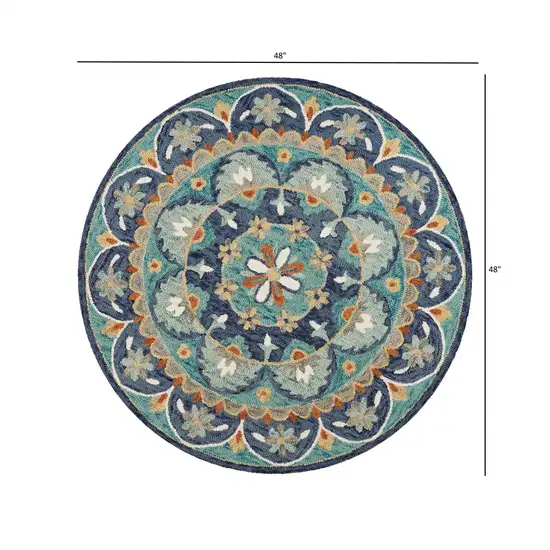 4' Round Blue Floral Mandala Area Rug Photo 5