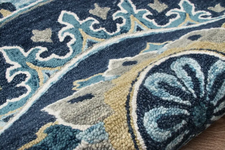 5' Round Blue Floral Medallion Area Rug Photo 5