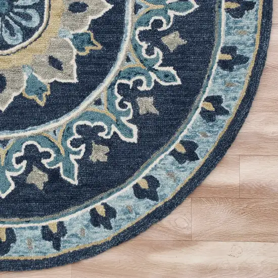 5' Round Blue Floral Medallion Area Rug Photo 3