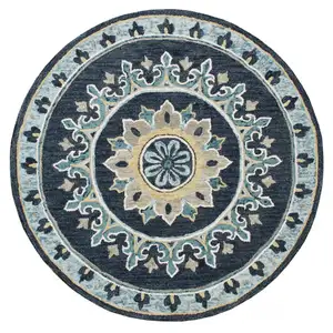 Photo of 5' Round Blue Floral Medallion Area Rug