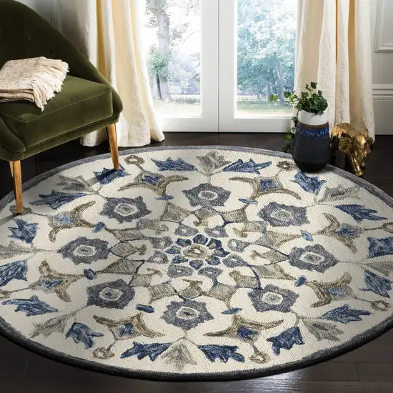 4' Round Blue Floral Oasis Area Rug Photo 8