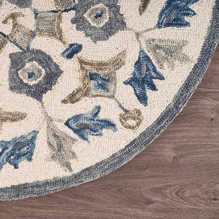 4' Round Blue Floral Oasis Area Rug Photo 3