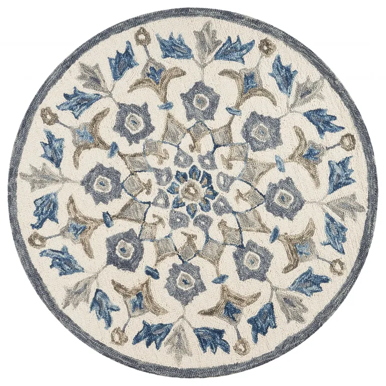 4' Round Blue Floral Oasis Area Rug Photo 1