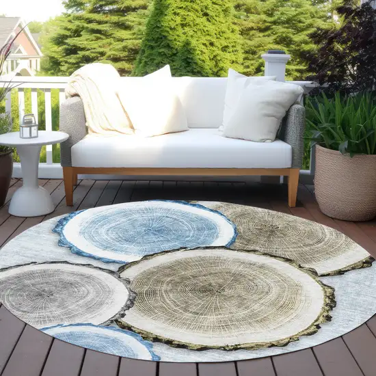 8' Round Blue Gold and Gray Round Faux Bois Washable Non Skid Indoor Outdoor Area Rug Photo 8