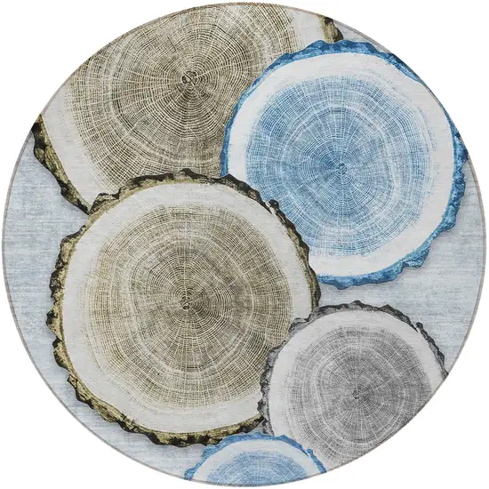 Blue Gold and Gray Round Faux Bois Washable Non Skid Indoor Outdoor Area Rug Photo 4