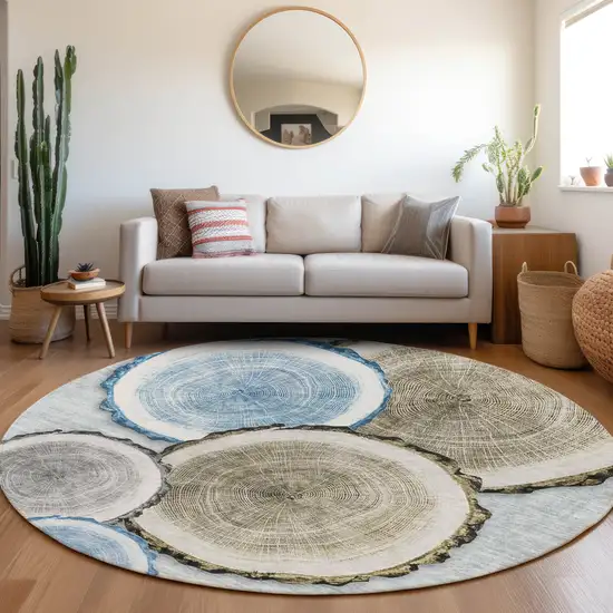 8' Round Blue Gold and Gray Round Faux Bois Washable Non Skid Indoor Outdoor Area Rug Photo 9