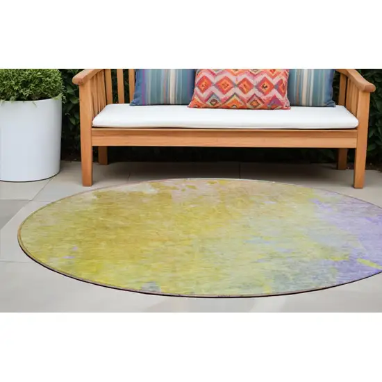 Blue Gold and Wheat Round Abstract Washable Non Skid Indoor Outdoor Area Rug Photo 1